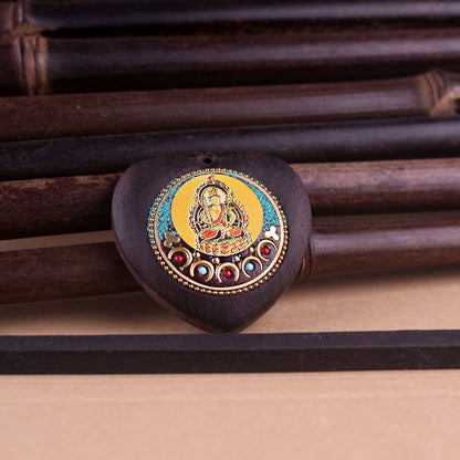 Heart-Shaped Yellow Jambhala Buddha Pendant - Tibetan Nepalese Thangka Wealth Eye Peace Token