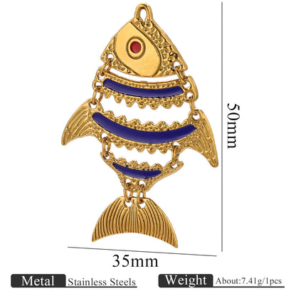 Moving Fish Design Gold-Plated Hollow Stainless Steel Pendants, Enameled Ocean Fish Series Charms for Necklace Making, Handmade Jewelry Accessories