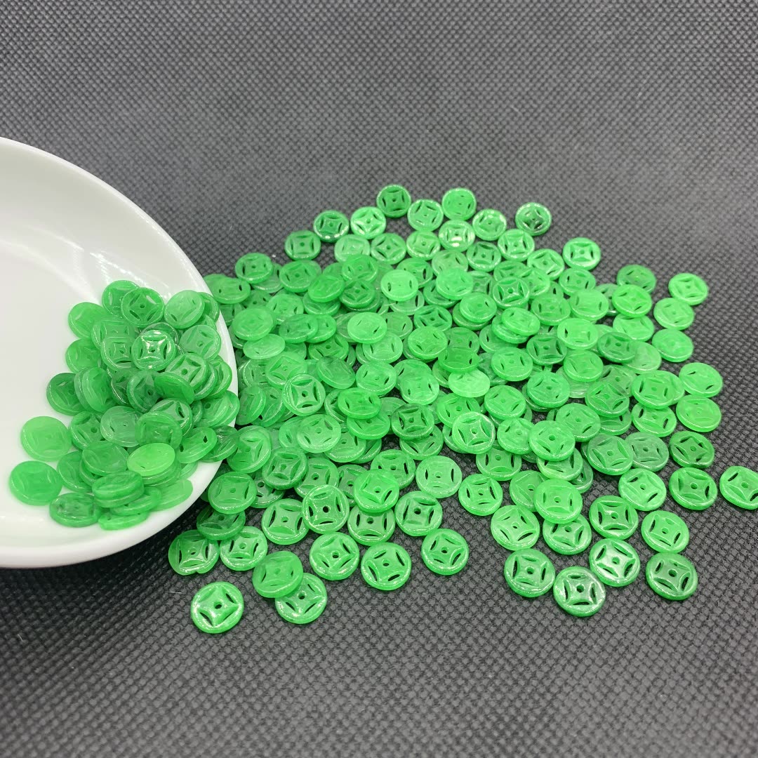 10pcs 10mm Green Jade Coin-shaped Loose Beads, Carved Gemstone Beads for DIY Jewelry Making, Chinese Style Craft Supplies