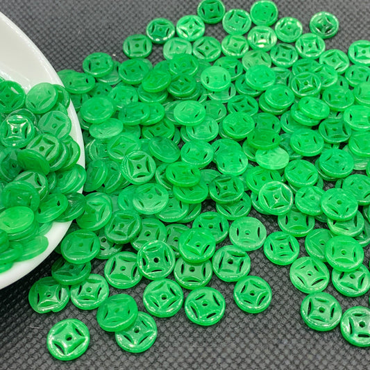 10pcs 10mm Green Jade Coin-shaped Loose Beads, Carved Gemstone Beads for DIY Jewelry Making, Chinese Style Craft Supplies