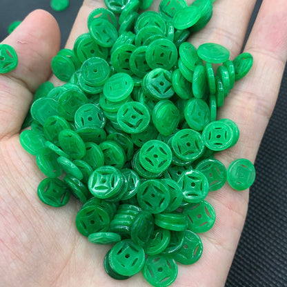 10pcs 10mm Green Jade Coin-shaped Loose Beads, Carved Gemstone Beads for DIY Jewelry Making, Chinese Style Craft Supplies