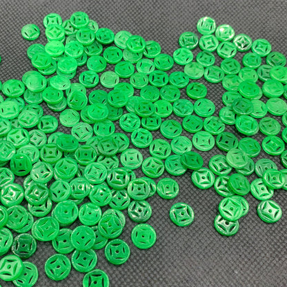 10pcs 10mm Green Jade Coin-shaped Loose Beads, Carved Gemstone Beads for DIY Jewelry Making, Chinese Style Craft Supplies