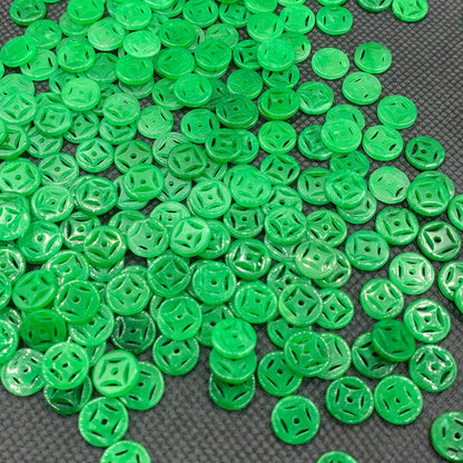 10pcs 10mm Green Jade Coin-shaped Loose Beads, Carved Gemstone Beads for DIY Jewelry Making, Chinese Style Craft Supplies