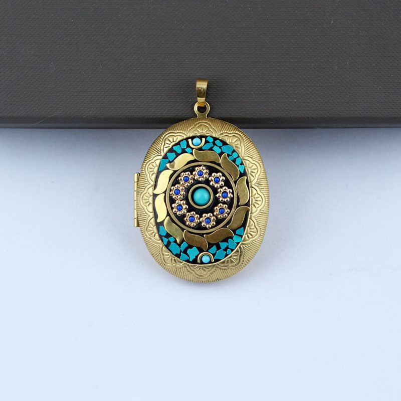 Nepali Buddha Inlay Craft Brass Gau Pendant - Handmade Buddhist Sacred Locket Jewelry