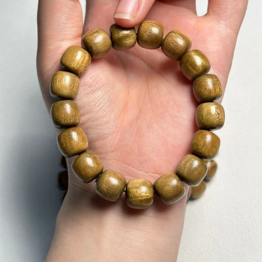 12mm Green Sandalwood Barrel Bead Bracelet | Natural Wood Bracelet for Men Women, Handmade Daily Wear Jewelry
