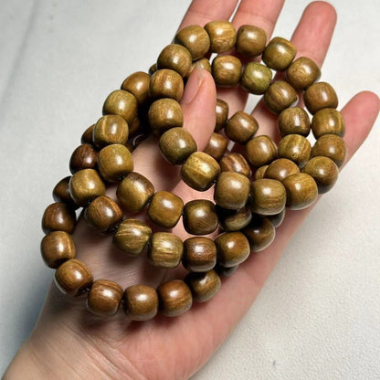 12mm Green Sandalwood Barrel Bead Bracelet | Natural Wood Bracelet for Men Women, Handmade Daily Wear Jewelry