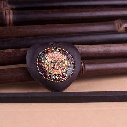 Heart-Shaped Yellow Jambhala Buddha Pendant - Tibetan Nepalese Thangka Wealth Eye Peace Token