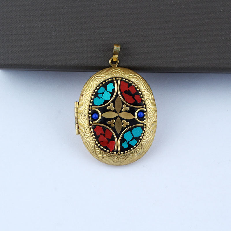 Nepali Buddha Inlay Craft Brass Gau Pendant - Handmade Buddhist Sacred Locket Jewelry
