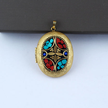 Nepali Buddha Inlay Craft Brass Gau Pendant - Handmade Buddhist Sacred Locket Jewelry