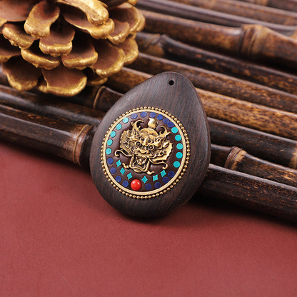 Handmade Black Sandalwood Zodiac Pendant - Nepalese Thangka Water Drop Design - Ethnic Necklace & Keychain Accessory