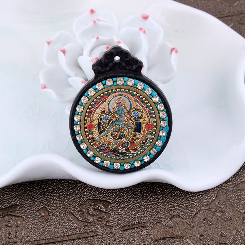 Nepalese Elephant Lotus Buddha Pendant - Round Black Sandalwood Thousand-Handed Guanyin Protection Token