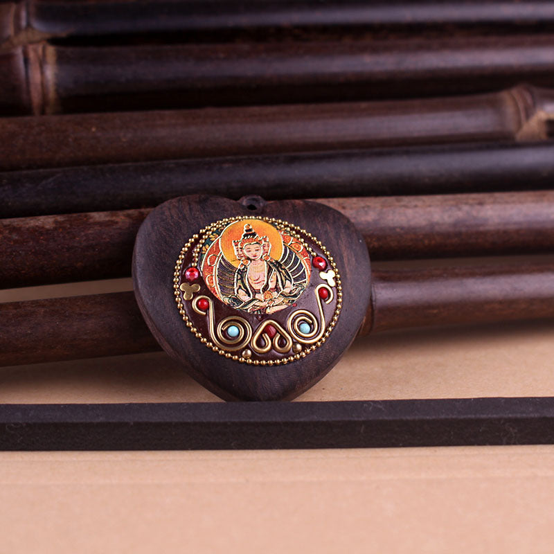 Heart-Shaped Yellow Jambhala Buddha Pendant - Tibetan Nepalese Thangka Wealth Eye Peace Token