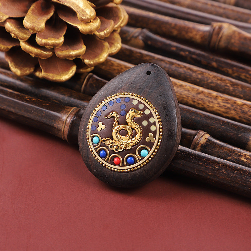 Handmade Black Sandalwood Zodiac Pendant - Nepalese Thangka Water Drop Design - Ethnic Necklace & Keychain Accessory