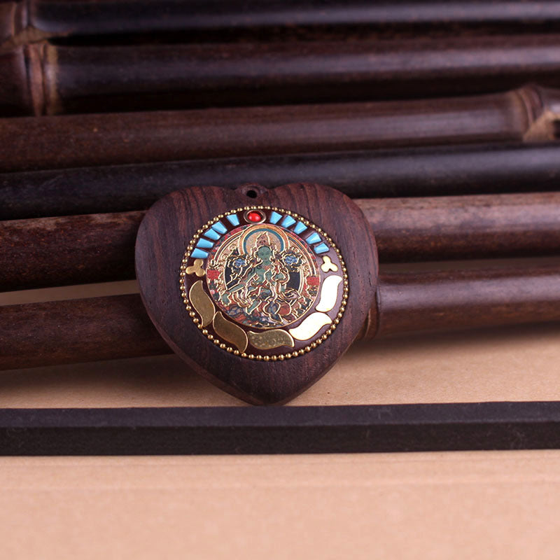 Heart-Shaped Yellow Jambhala Buddha Pendant - Tibetan Nepalese Thangka Wealth Eye Peace Token