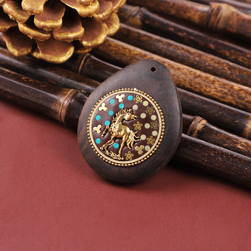 Handmade Black Sandalwood Zodiac Pendant - Nepalese Thangka Water Drop Design - Ethnic Necklace & Keychain Accessory