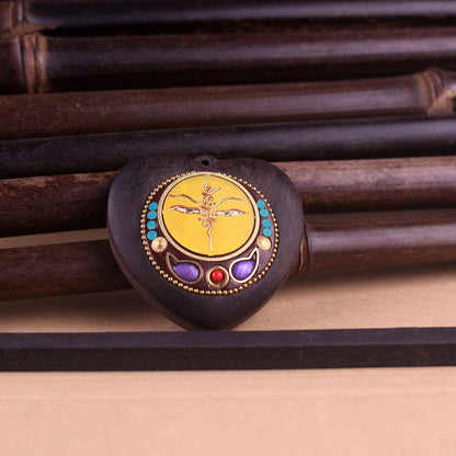 Heart-Shaped Yellow Jambhala Buddha Pendant - Tibetan Nepalese Thangka Wealth Eye Peace Token