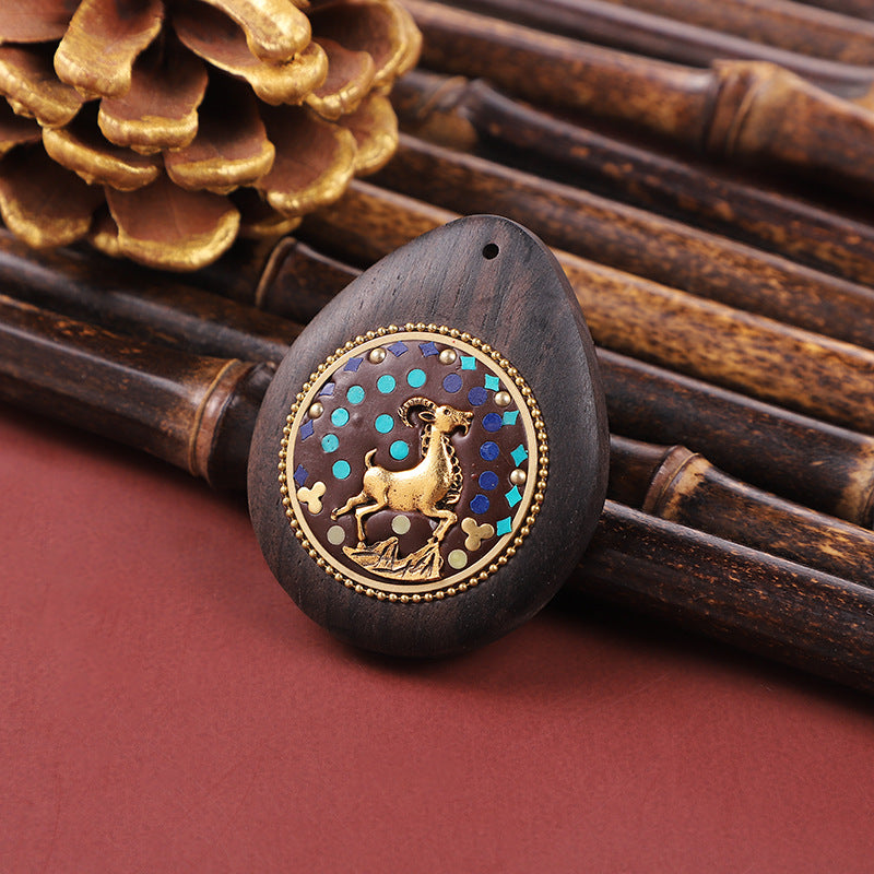Handmade Black Sandalwood Zodiac Pendant - Nepalese Thangka Water Drop Design - Ethnic Necklace & Keychain Accessory
