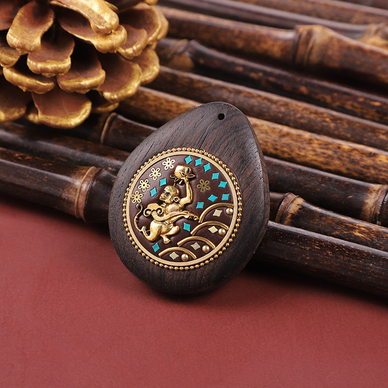 Handmade Black Sandalwood Zodiac Pendant - Nepalese Thangka Water Drop Design - Ethnic Necklace & Keychain Accessory