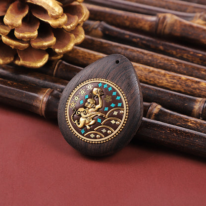 Handmade Black Sandalwood Zodiac Pendant - Nepalese Thangka Water Drop Design - Ethnic Necklace & Keychain Accessory
