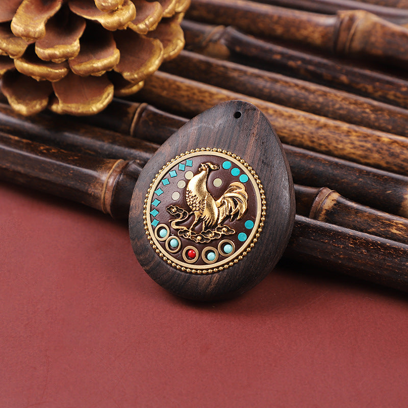 Handmade Black Sandalwood Zodiac Pendant - Nepalese Thangka Water Drop Design - Ethnic Necklace & Keychain Accessory