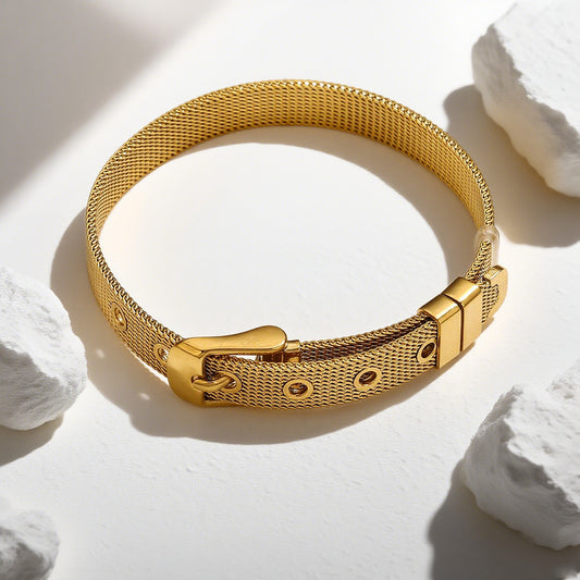 Woven Stainless Steel Mesh Bracelet | 18K Gold Plated | Polished Surface | Adjustable Snap Clasp