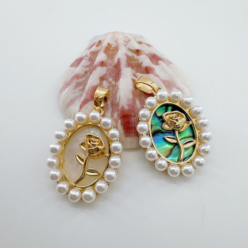 Dainty 18K Gold-Coated Rose Charm - Natural Shell & Abalone Accent, Romantic Necklace Pendant