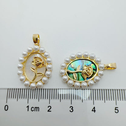 Dainty 18K Gold-Coated Rose Charm - Natural Shell & Abalone Accent, Romantic Necklace Pendant