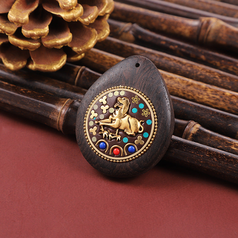 Handmade Black Sandalwood Zodiac Pendant - Nepalese Thangka Water Drop Design - Ethnic Necklace & Keychain Accessory