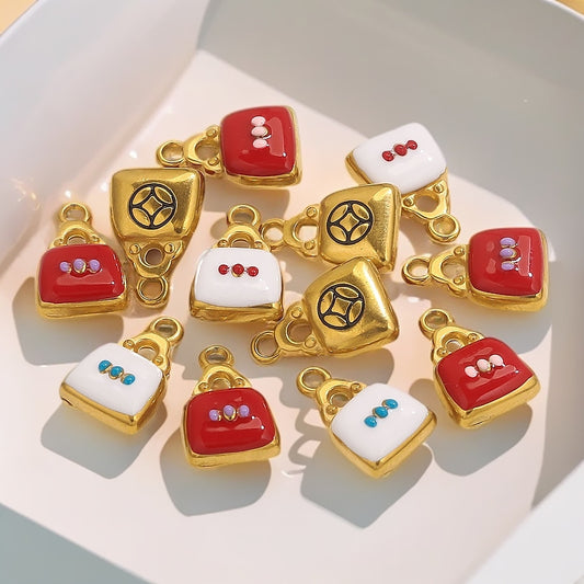 Stainless Steel Bag Pendants | 18K Gold Oil-Pressed Enamel Design, Stylish DIY Jewelry Accessories