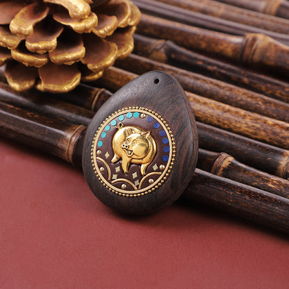 Handmade Black Sandalwood Zodiac Pendant - Nepalese Thangka Water Drop Design - Ethnic Necklace & Keychain Accessory