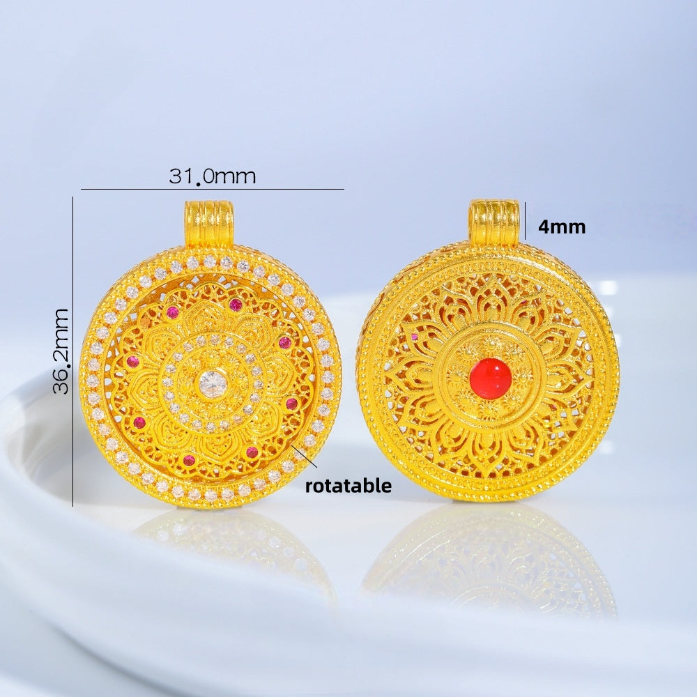 Gold Sand Compass Pendant - Zircon Crushed Ice Sunflower & Eight Lucky Symbols | DIY Jewelry Findings