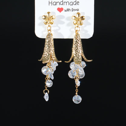 Vintage Bellflower Tassel Earrings, Long Drop Earrings with Natural Zircon, Retro Floral Dangle Earrings, Handmade Statement Jewelry for Women
