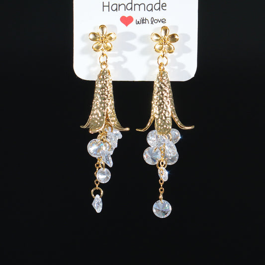 Vintage Bellflower Tassel Earrings, Long Drop Earrings with Natural Zircon, Retro Floral Dangle Earrings, Handmade Statement Jewelry for Women