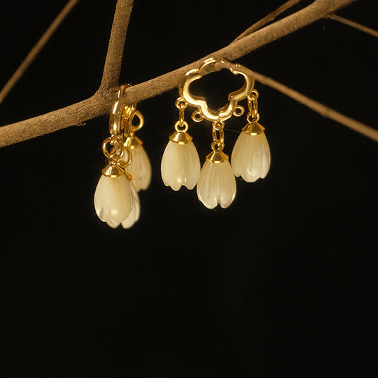 Handmade Mother-of-Pearl Magnolia Clip-On Earrings, Vintage Style, Original Design