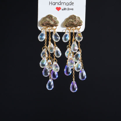 Rain Cloud Earrings, Celestial Dangle Earrings, Purple Czech Glass Crystal Rain Drop Earrings, Sky Inspired Jewelry, Teardrop Tassel Earrings for Women