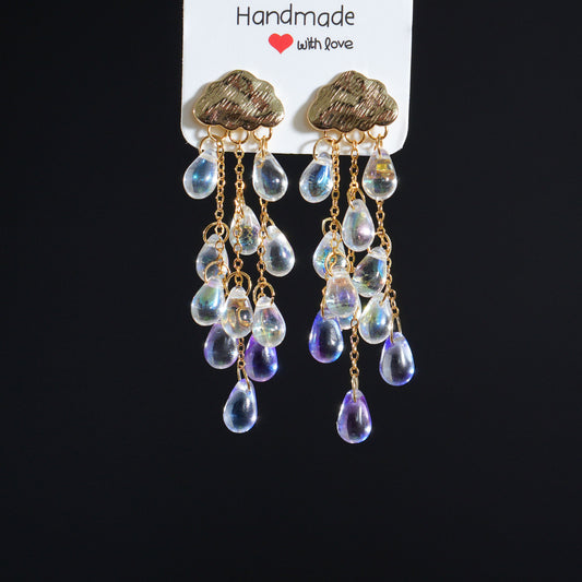 Rain Cloud Earrings, Celestial Dangle Earrings, Purple Czech Glass Crystal Rain Drop Earrings, Sky Inspired Jewelry, Teardrop Tassel Earrings for Women