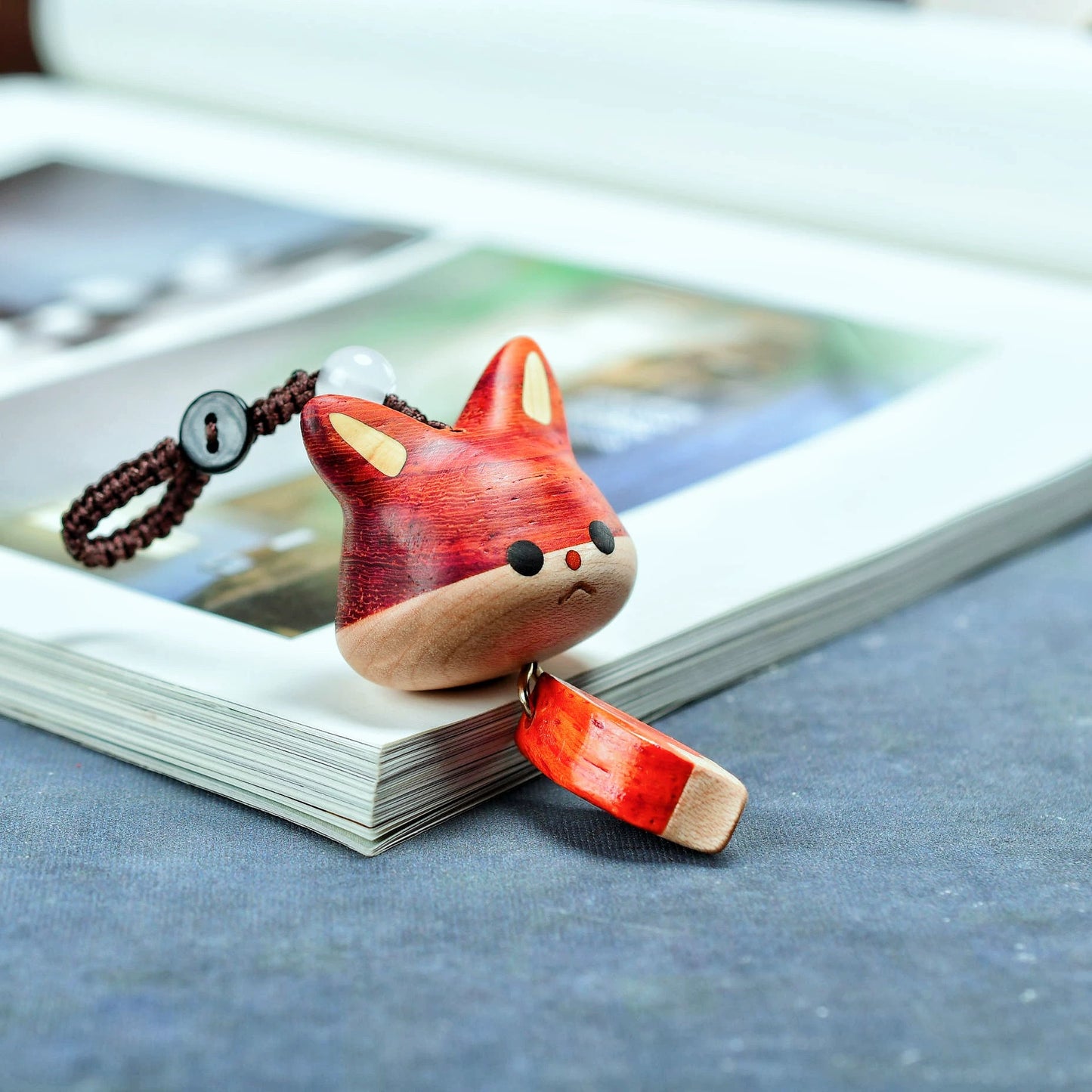 Handcrafted Wooden Fox Keychain, Cute Carved Fox Charm with Movable Tail, Animal Bag Key Ring, Gift for Her