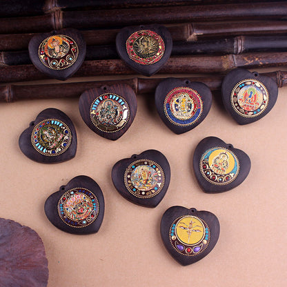 Heart-Shaped Yellow Jambhala Buddha Pendant - Tibetan Nepalese Thangka Wealth Eye Peace Token