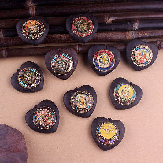 Heart-Shaped Yellow Jambhala Buddha Pendant - Tibetan Nepalese Thangka Wealth Eye Peace Token