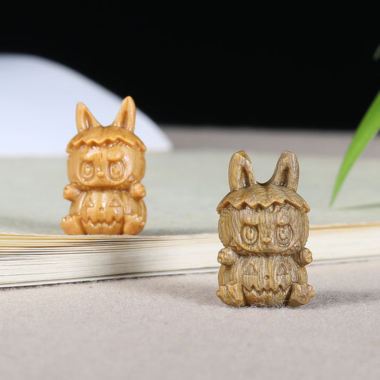 Green Sandalwood Pumpkin LABUBU Charm, 21x13x12mm Carved Wood Through-hole Spacer, Natural Wooden Charm for DIY Jewelry Making