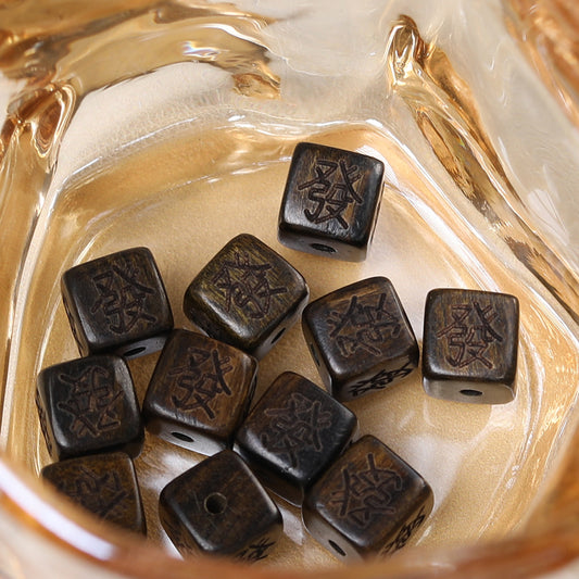 10PCS 9mm  Natural Agarwood Carved Four-Sided Fortune Wooden Dice - Pendant for Necklace/Bracelet, Lucky Charm Jewelry Accessory