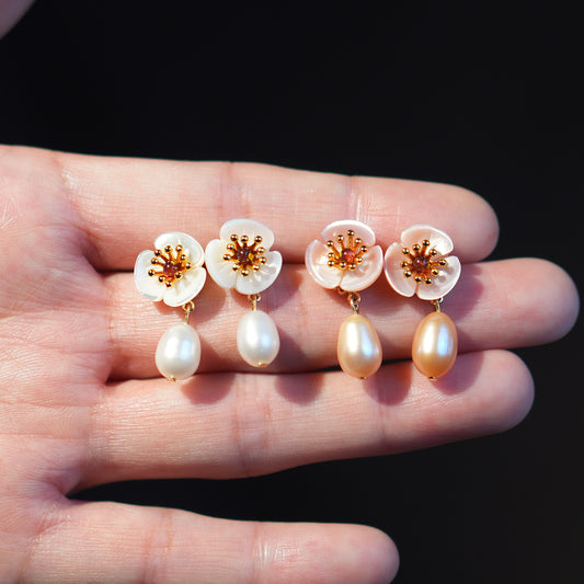 Natural Mother of Pearl Flower with Pearl Dangle Drop Earrings, Gold Plated S925 Sterling Silver Pearl Stud Earring, Mother's Day Gift