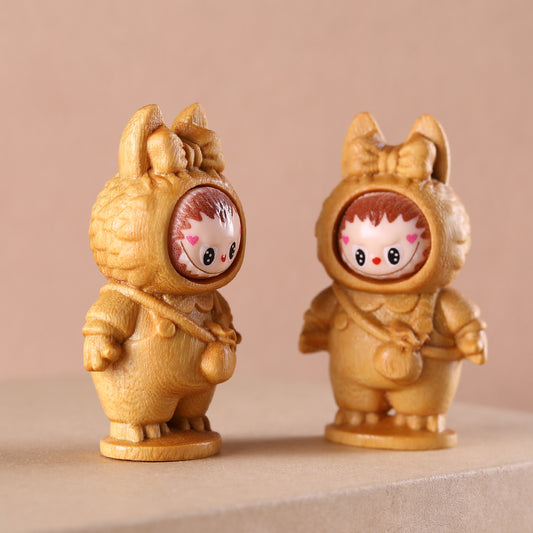 Golden Sandalwood LaBuBu Figurine, Hand Carved Wood Desk Ornament, Cute LABUBU Decor, 67x39x30mm Miniature Wooden Animal Sculpture