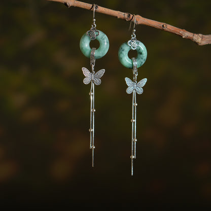 Myanmar Donut Jadeite Earring, S925 Butterfly Earring, Retro Tassels Earring, Gift for Her