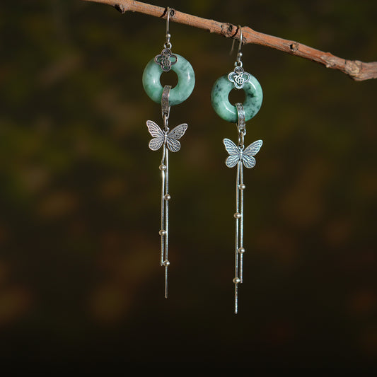 Myanmar Donut Jadeite Earring, S925 Butterfly Earring, Retro Tassels Earring, Gift for Her