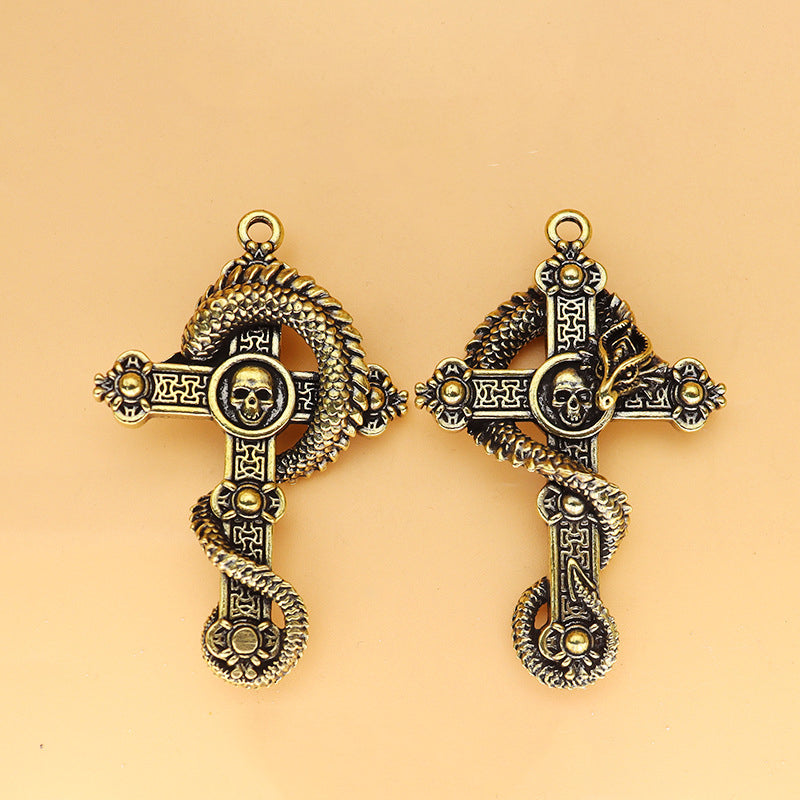 Vintage Brass Cross Dragon & Skull Pendant, Retro Coiled Dragon Skeleton Charm, Antique Brass Keychain or Pendant, Gothic Jewelry Decor