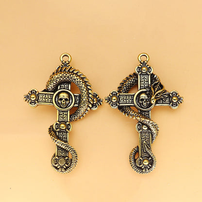 Vintage Brass Cross Dragon & Skull Pendant, Retro Coiled Dragon Skeleton Charm, Antique Brass Keychain or Pendant, Gothic Jewelry Decor