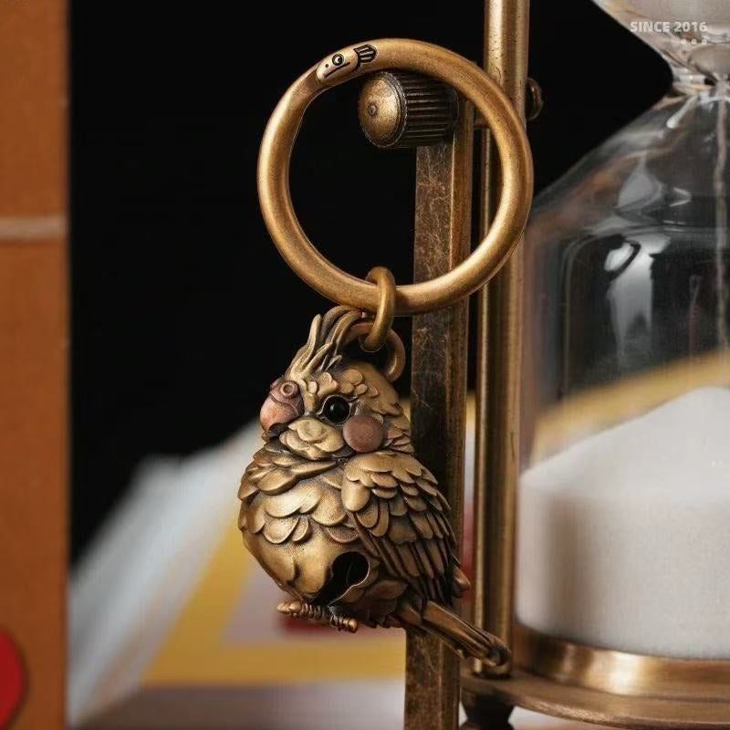 Vintage Brass Parrot Bell Pendant, Retro Bird Jingle Charm, Solid Brass Hanging Ornament, Handmade Lucky Talisman, Decorative Bird Accessory