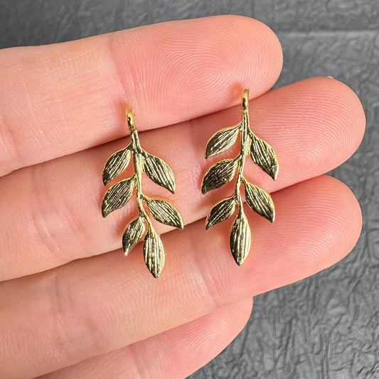 24K Real Gold Plated Copper Leaf Branch Charms, Gold Twig Pendants for Jewelry Making