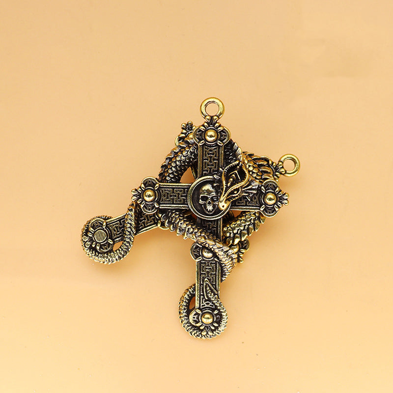 Vintage Brass Cross Dragon & Skull Pendant, Retro Coiled Dragon Skeleton Charm, Antique Brass Keychain or Pendant, Gothic Jewelry Decor